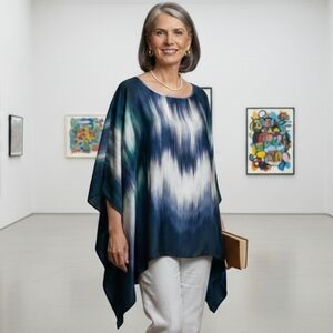 Chico's Sz L-XL Caftan Poncho Elegant Navy and White Women Top